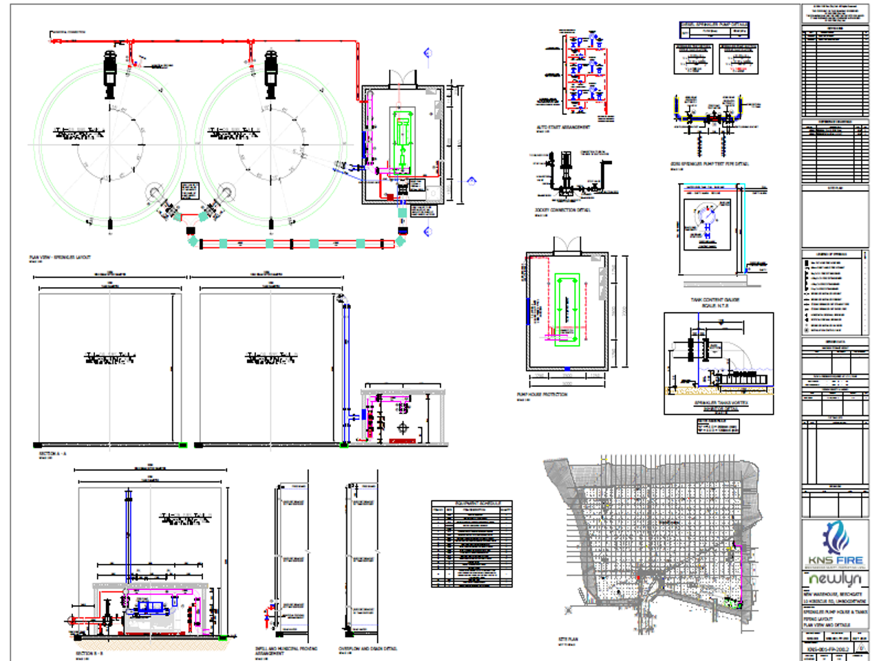 ICV chamber elevation, section view, and warehouse fire water site plan layout prepared by KNS Fir